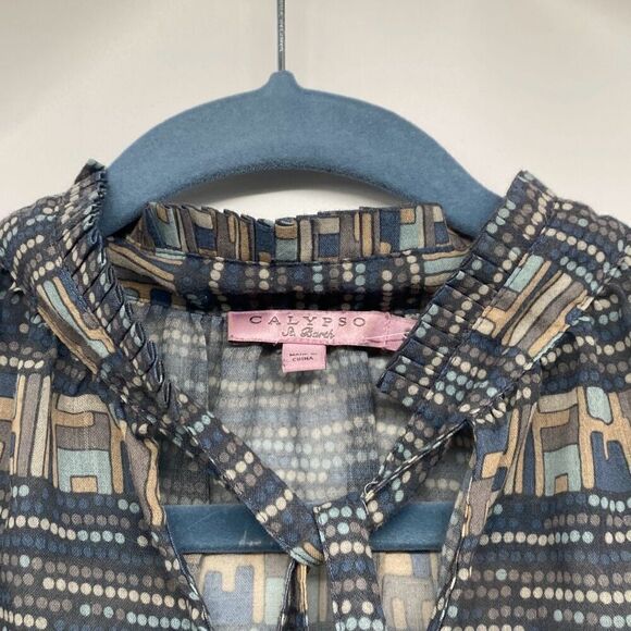 Calypso St Barth Ruffle Neck Popover Blouse Tie Neck  Mint / Beige Small‎ - Picture 9 of 15